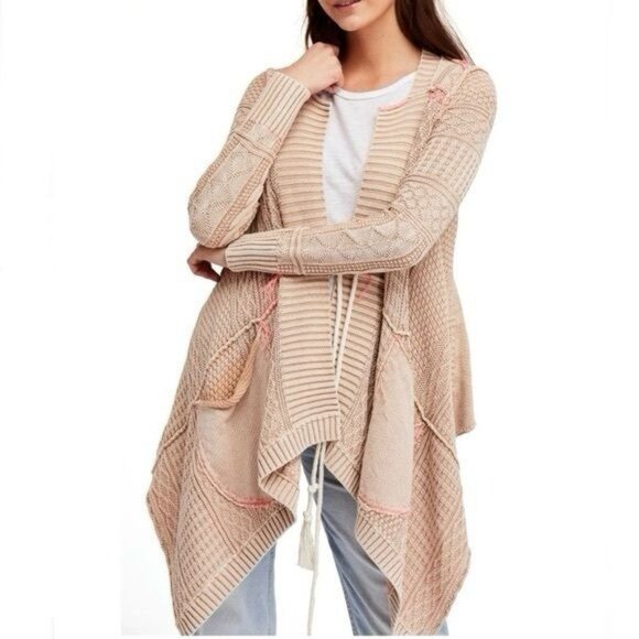 RARE Free People Beige Asymmetrical Waterfall Cardigan | Coastal Boho Grunge S - Picture 15 of 16